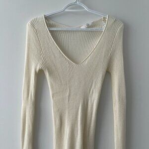 Missguided Cream Ribbed Knit V-neck Long Sleeve - size US 6